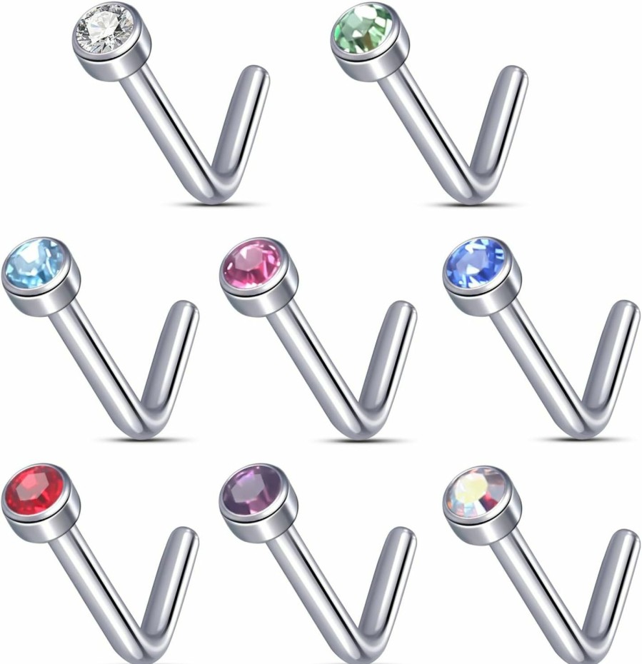 Aumeo Body Piercing Studs | Aumeo L Shaped Nose Studs 18G 20G Titanium Nose Studs For Women Crystal Small Nose Studs Nose Piercing Jewelry