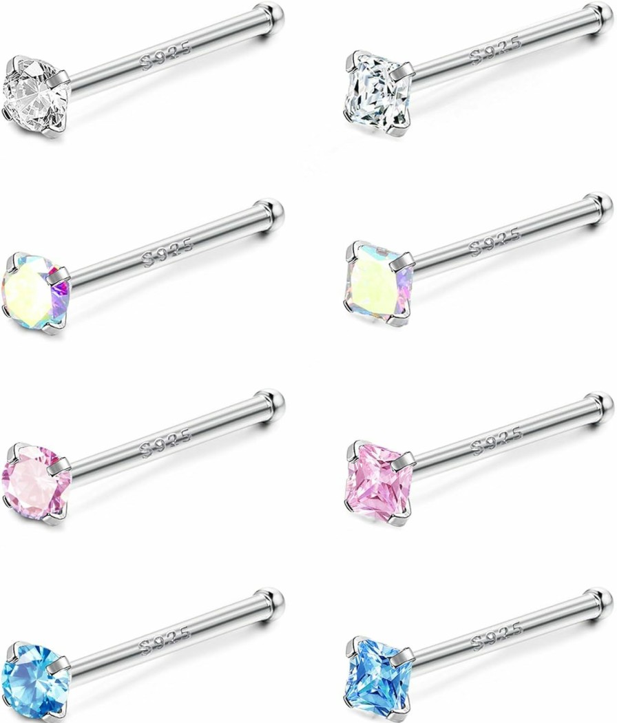 ZELORES Body Piercing Studs | Zelores 8Pcs 20G Sterling Silver Nose Studs Multi Color Star Heart Square Round Shaped Cz Nose Rings For Women 3Mm Nose Rings Studs Set Nose Piercing Jewelry