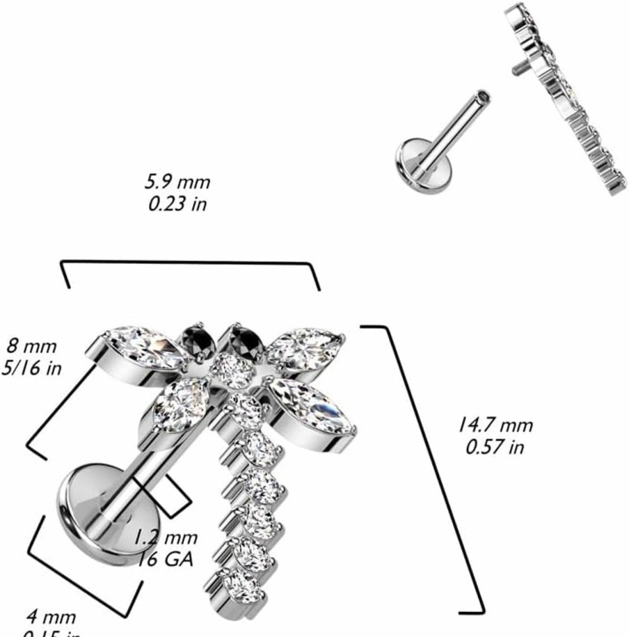 Pierced Owl Body Piercing Studs | Pierced Owl 16Ga F136 Implant Grade Titanium Internally Threaded Cz Crystal Dragonfly Labret Stud