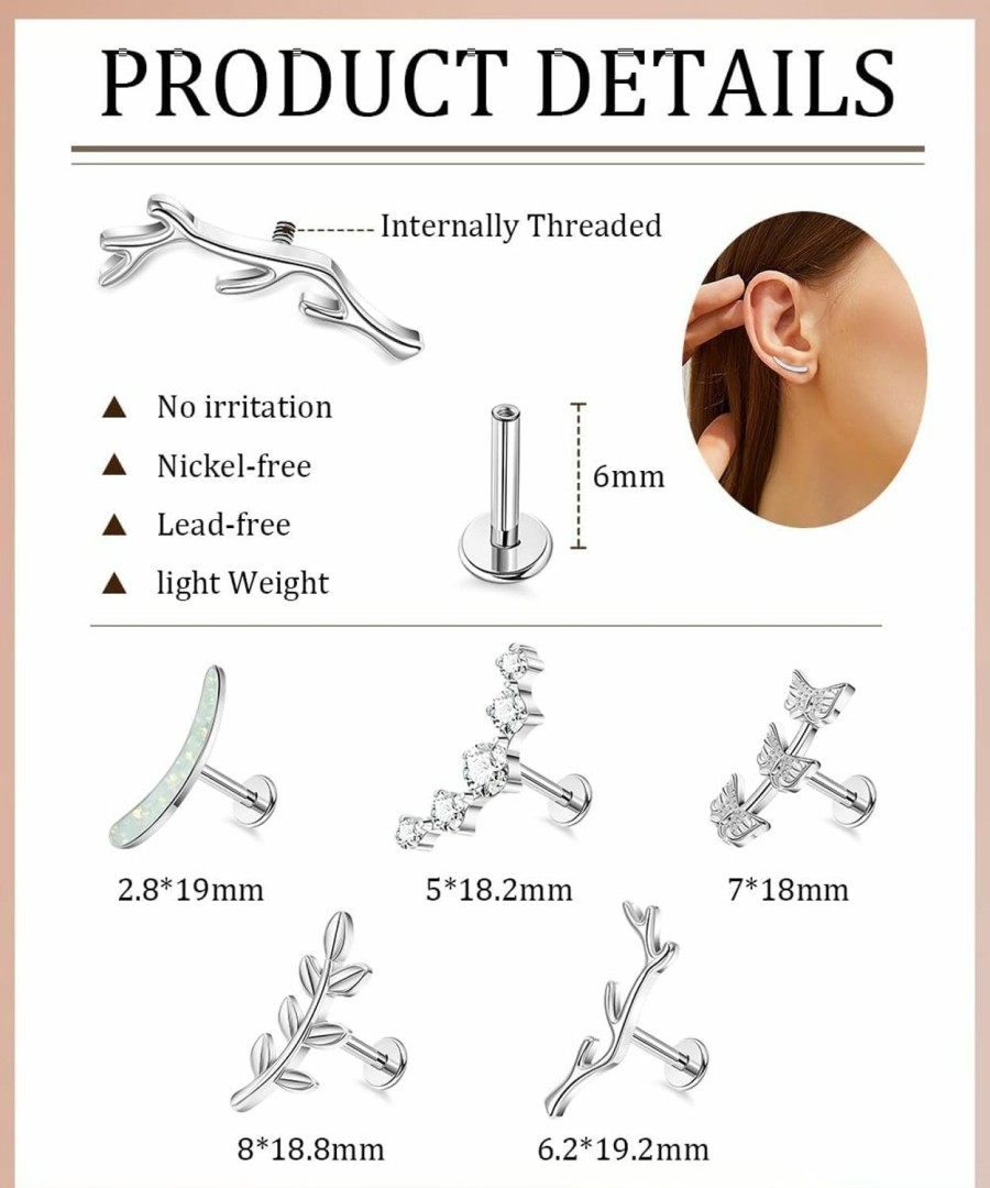 Vegolita Body Piercing Studs | Vegolita 16G G23 Titanium Cartilage Earrings For Women Internally Threaded Cartilage Studs Hypoallergenic Butterfly Cz Helix Earrings Conch Daith Piercing Jewelry 6Mm 8Mm 10Mm