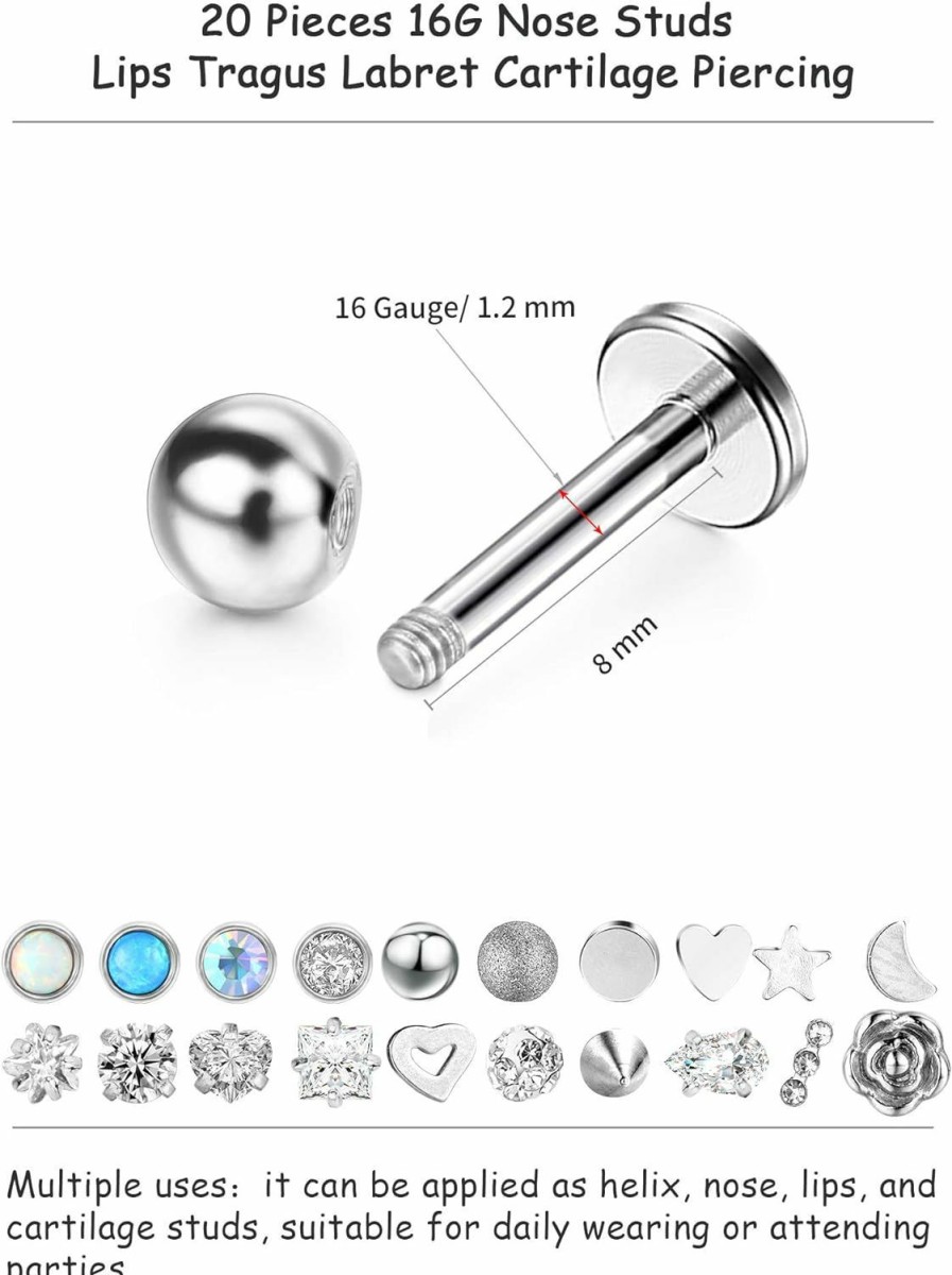 Blulu Body Piercing Studs | Blulu 20 Pcs 16G Stainless Steel Nose Studs Straight Nose Rings Body Piercing Jewelry 20 Styles For Women Men