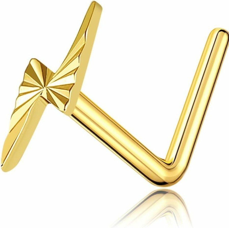 GEHN Body Piercing Studs | 14K Solid Yellow Gold Daisy/Shark Tooth/Lightning Bolt/Dragonfly Nose Stud L Shaped 14K Real Gold Nose Jewelry Gifts For Women