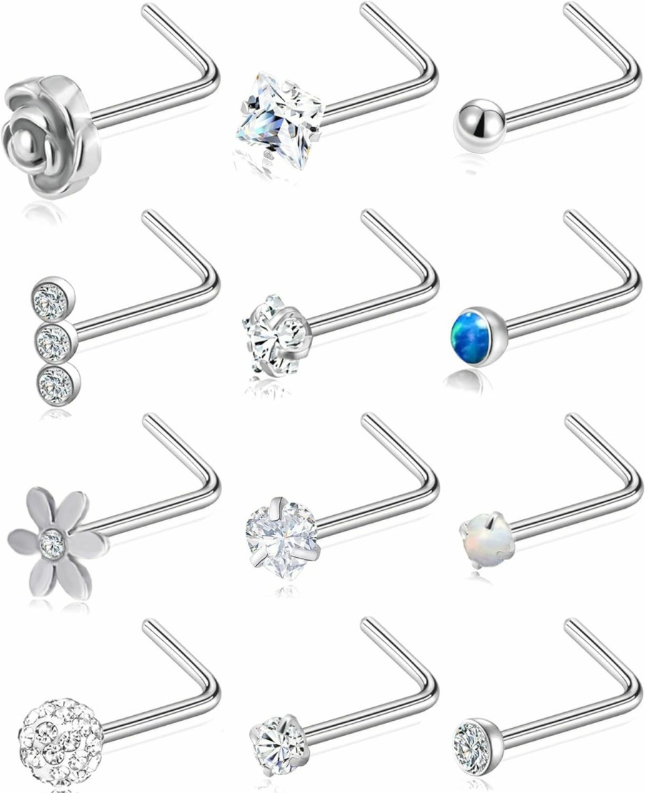 Wrlcorly Body Piercing Studs | Wrlcorly 12Pcs G23 Titanium Nose Ring Studs 20G L Shaped Screw Nose Studs Cz Clay Ball Flower Opal Star Heart Pure Titanium Nostril Piercing Jewelry Set For Women Men Silver Tone