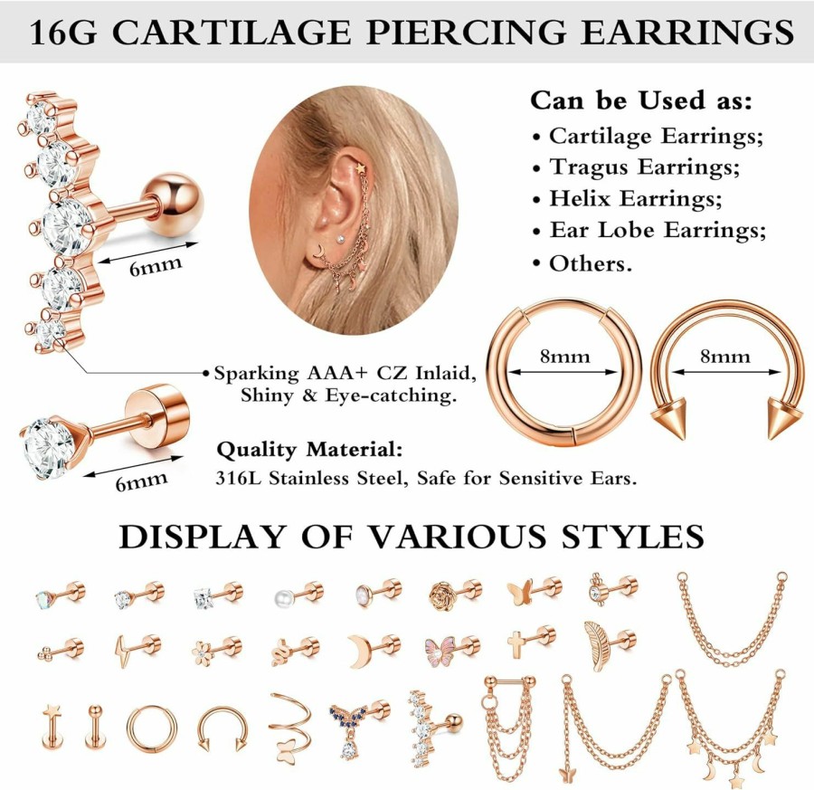 Besteel Body Piercing Studs | Besteel 16G Cartilage Earrings Stud For Women Men Hypoallergenic Stainless Steel Flat Back Stud Earrings Hoop Set Cute Star Moon Flower Snake Butterfly Cz Opal Cartilage Stud Earrings Chain Dangle Conch Daith Helix Tragus Piercing Jewelry Multipack, 27 Pcs