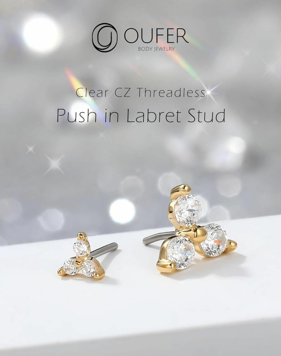 OUFER Body Piercing Studs | Oufer 14K Solid Gold Threadless Push Pin Labret Lip Rings, Nose Rings Studs, Flat Back Cartilage Helix Tragus Lobe Earrings Stud, Medusa Monroe Piercing Jewelry For Women Men