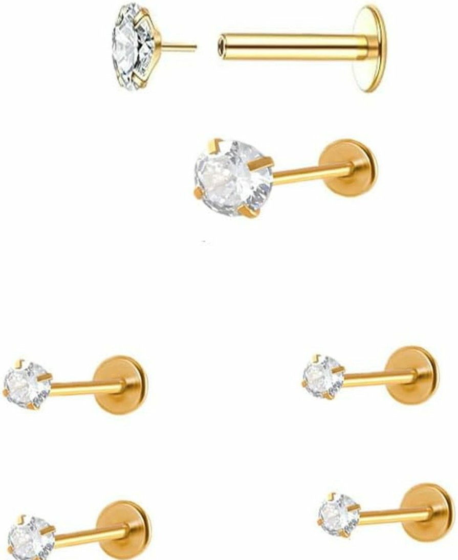 ZETSHION Body Piercing Studs | 20G Cartilage Stud Earrings Sets For Women Men Stainless Steel Cubic Zirconia Lip Rings Flat Back Threadless Push In Hypoallergenic Tragus Nose Helix Conch Medusa Labret Earring Piercing Jewelry 6Pcs