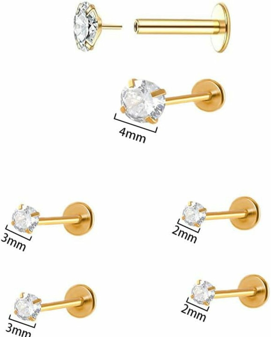 ZETSHION Body Piercing Studs | 20G Cartilage Stud Earrings Sets For Women Men Stainless Steel Cubic Zirconia Lip Rings Flat Back Threadless Push In Hypoallergenic Tragus Nose Helix Conch Medusa Labret Earring Piercing Jewelry 6Pcs