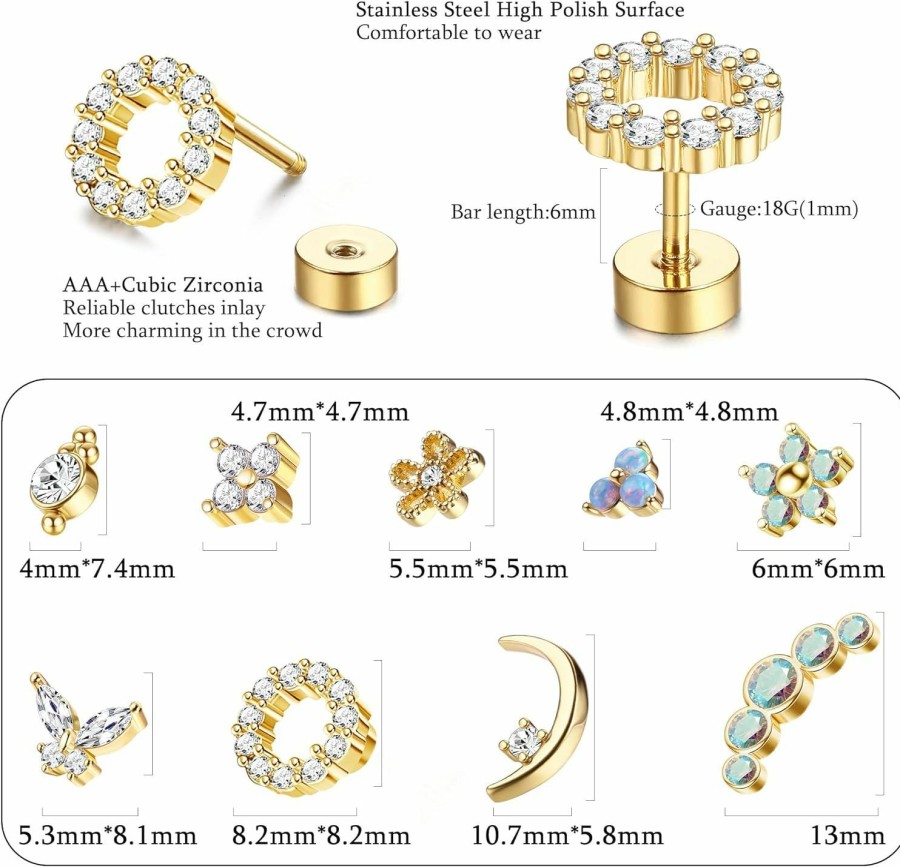 Florideco Body Piercing Studs | Florideco 9Pcs 16G Cartilage Stud Earring For Women 316L Stainless Steel Screw Flat Back Earrings Butterfly Moon Flower Crawler Helix Tragus Daith Piercing Earrings Cute Cz Opal Cartilage Piercing Jewelry