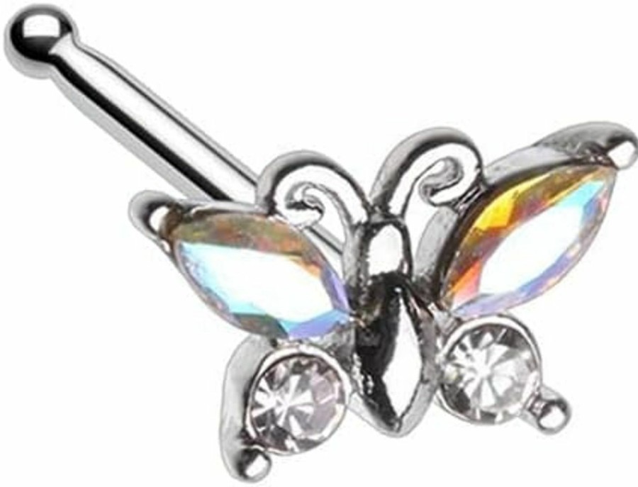 Pierced Owl Body Piercing Studs | Pierced Owl 20Ga Stainless Steel Iridescent Aurora Borealis Crystal Butterfly Nose Bone Stud