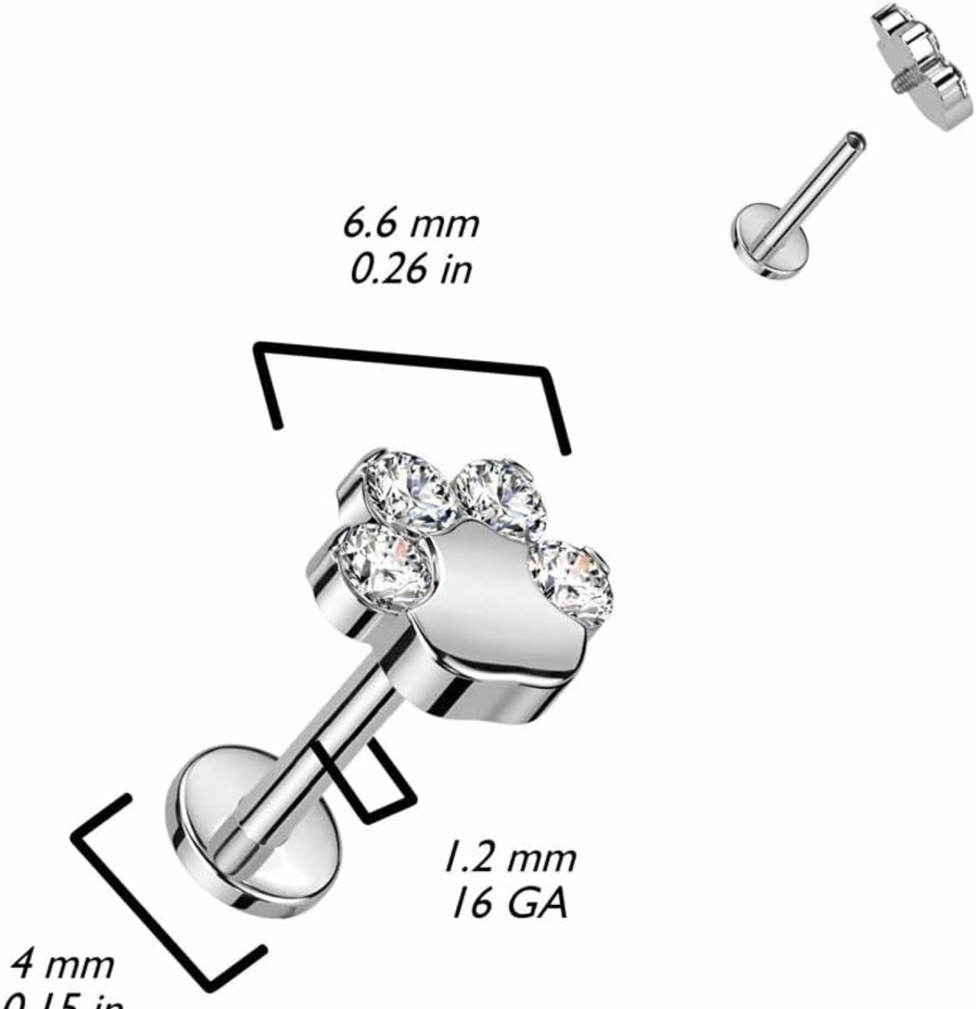 Pierced Owl Body Piercing Studs | Pierced Owl 16Ga F136 Implant Grade Titanium Internally Threaded Cz Crystal Paw Top Flat Back Stud