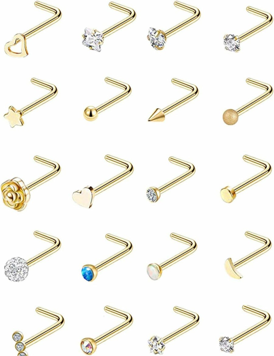 YOVORO Body Piercing Studs | Yovoro 20G 12-20Pcs Stainless Steel L Shaped Nose Rings Cz Nose Stud Body Piercing Jewelry