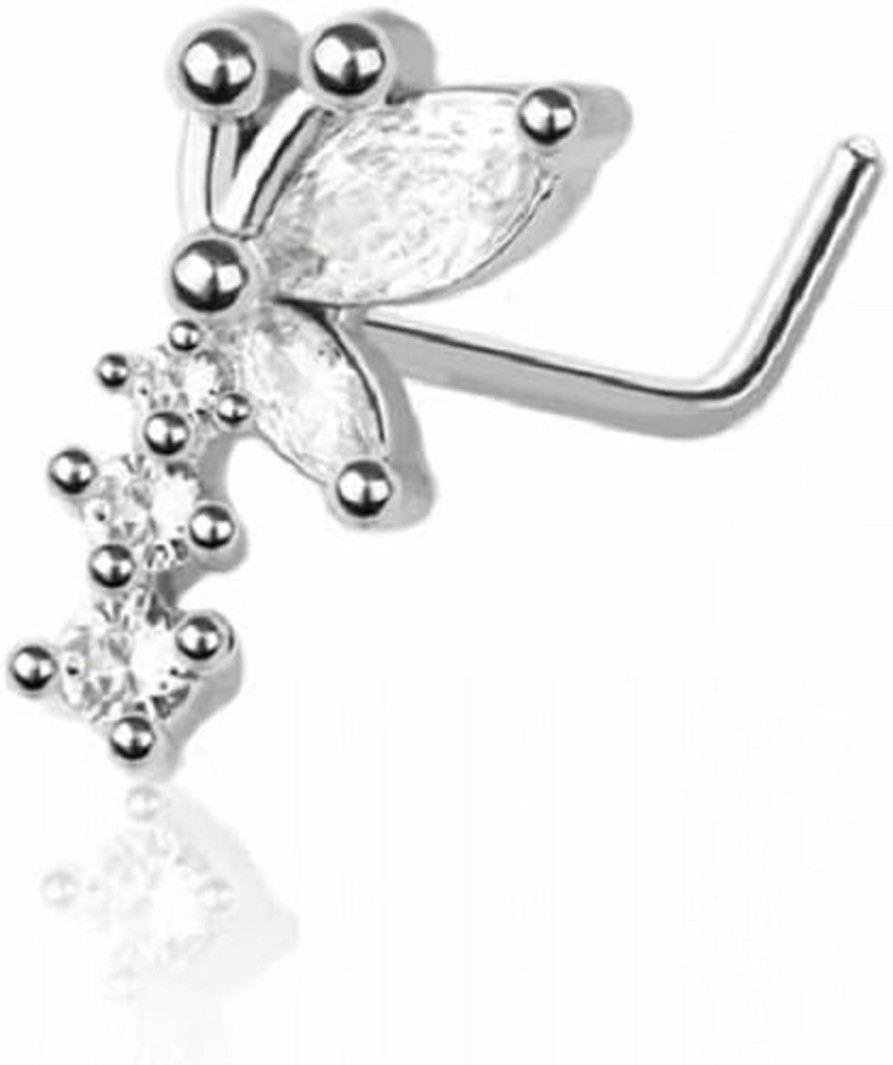 Pierced Owl Body Piercing Studs | Pierced Owl 20Ga Stainless Steel Cz Crystal Butterfly With Triple Gem L-Bend Nose Stud