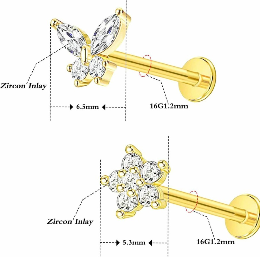 FLOGWE Body Piercing Studs | Flogwe 2~4Pcs 16G 316L Pushin Lip Rings Butterfly And Bee Nose Stud Rings Top Push In Threadless Surgical Steel Flat Back Nose Rings Studs For Womens…