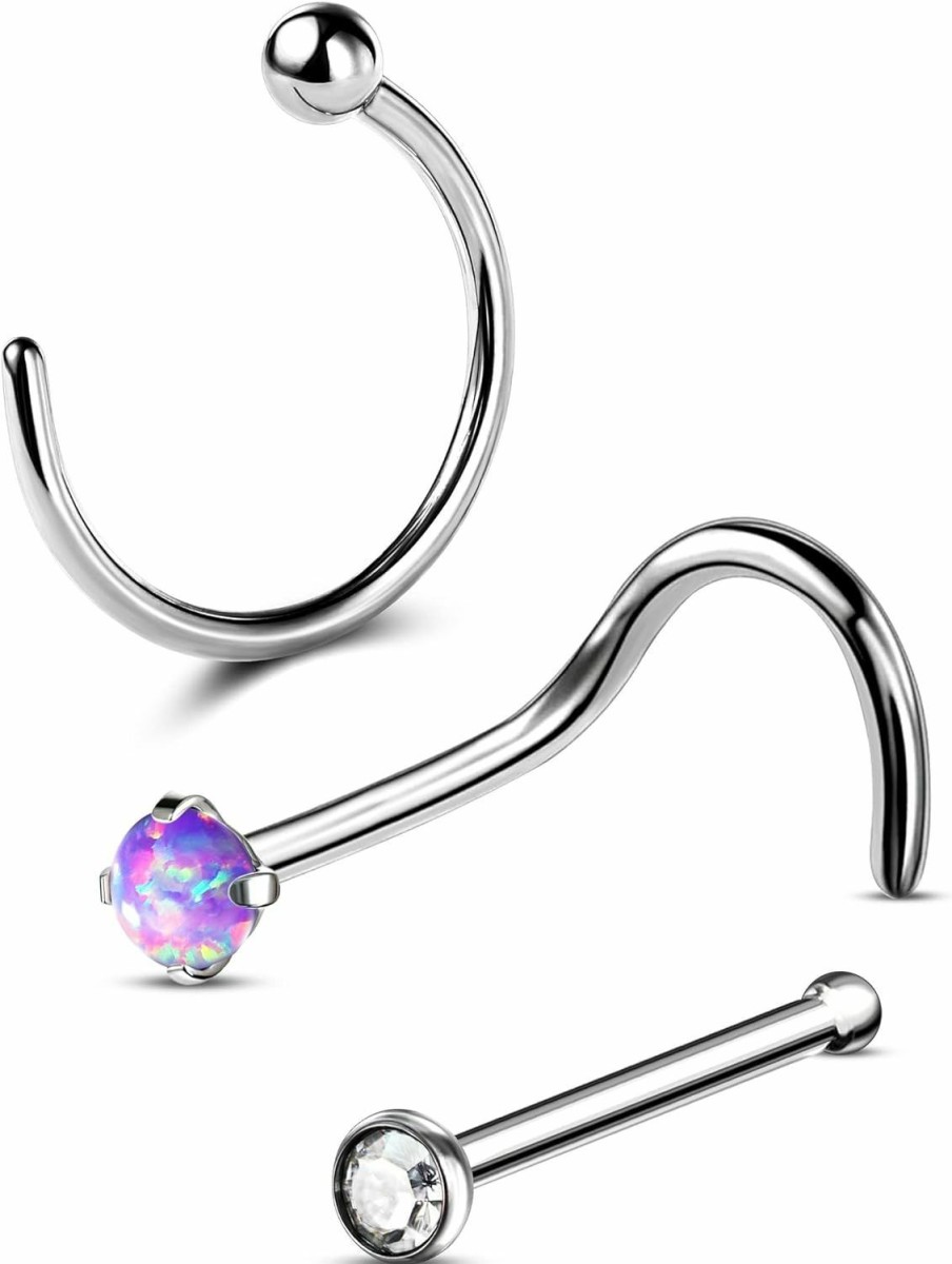 COCHARM Body Piercing Studs | Cocharm 3Pcs G23 Titanium Opal Nose Stud Set 20G White Pink Blue Purple Nose Stud Surgical Steel Nose Screw 20G Opal Nose Piercing Nose Corkscrew Hypoallergenic Half Nose Hoop