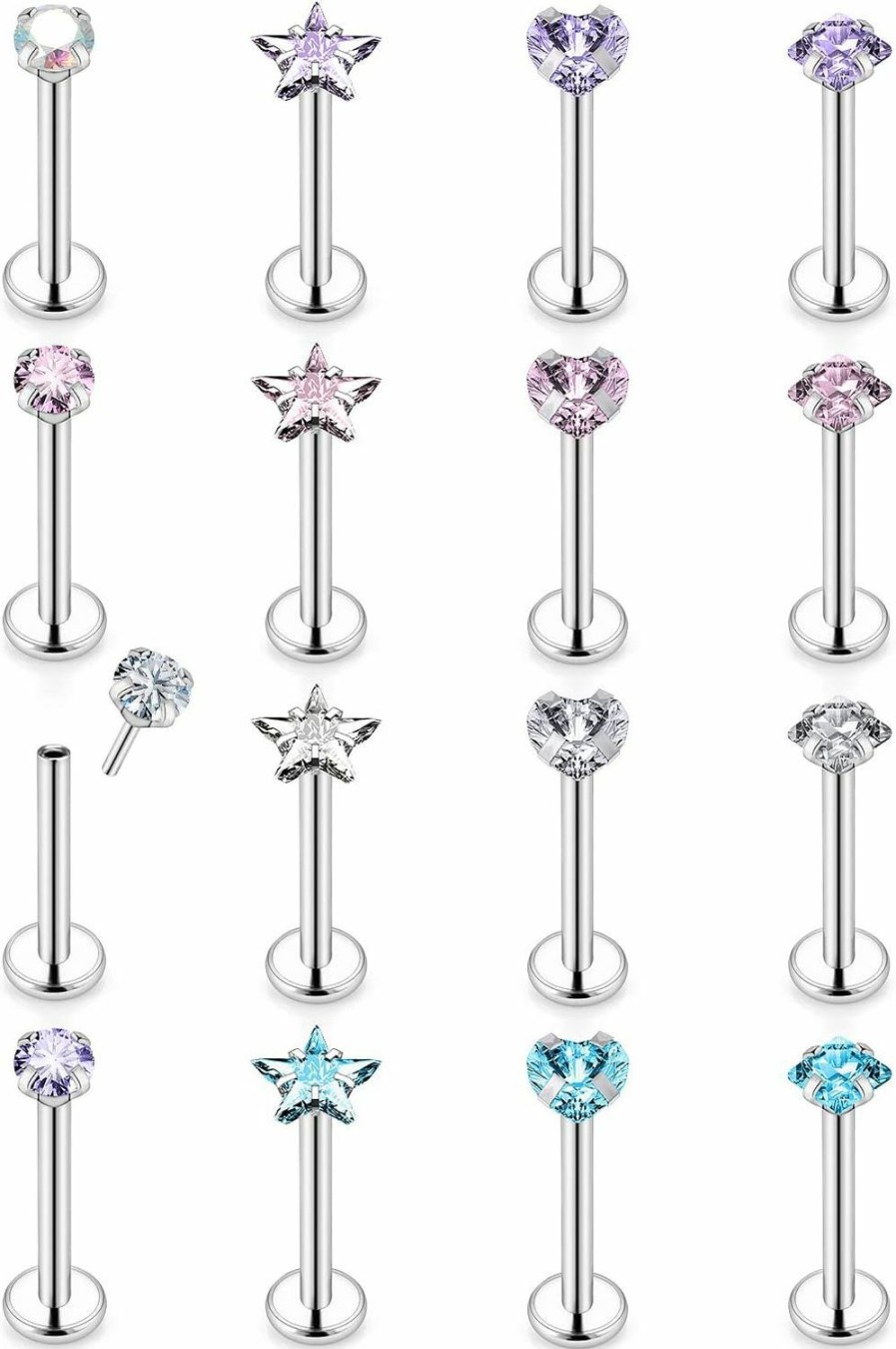 Xwnskvvz Body Piercing Studs | Xwnskvvz 20G 18G 16G Threadless Tragus Earrings Surgical Steel Medusa Piercing Jewelry Star/Square/Round/Heart Shaped Crystal Labret Studs Lip Ring Helix Conch Cartilage Earrings For Women Men