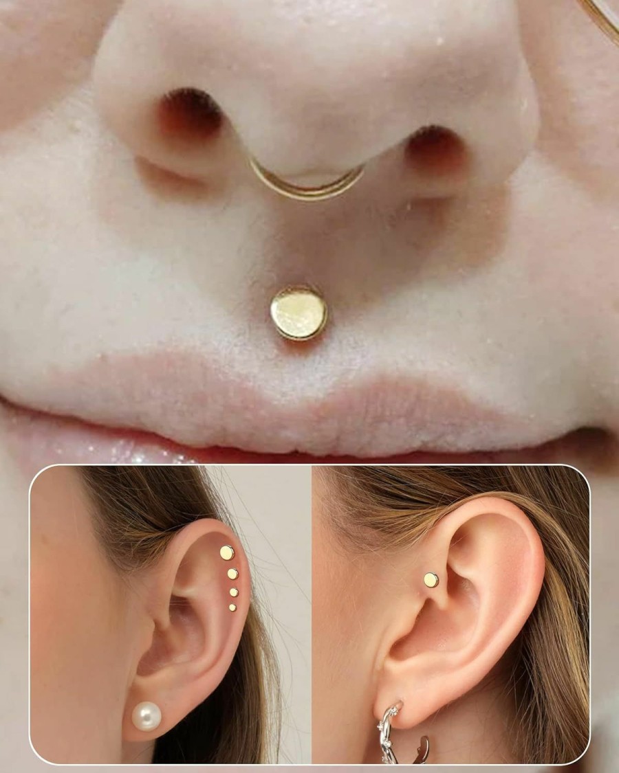 Melighting Body Piercing Studs | Melighting 14K Gold Threadless Earrings 16G Gold Flat Back Earrings Tiny Flat Disc Threadless Push In Labret Stud Gold Tragus Piercing Jewelry For Women Conch Helix Stud