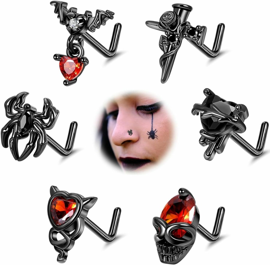 LOREMOW Body Piercing Studs | Loremow 6Pcs 20G Halloween Nose Rings For Women Men Surgical Steel L-Shaped Nose Studs Black Goth Nose Ring Stud Spider Heart Skull Nose Piercing Jewelry