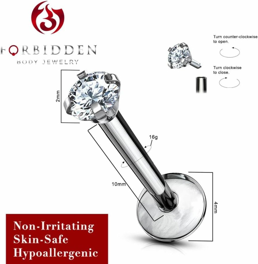 Forbidden Body Jewelry Body Piercing Studs | 16 G Titanium Internally Threaded Tragus Piercing Jewelry Cz Top Flat Back Piercing Nose Studs Earring, Helix, Cartilage, Labret, Monroe For Women Or Men