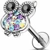 Izpack Body Piercing Studs | Cute Owl Labret Monroe Stud For Women Girls Men Uni 361L Surgical Stainless Steel Cubic Zirconia Colorful Crystal Bird Animal Cartilage Tragus Nose Helix Studs Earrings Hypoallergenic Body