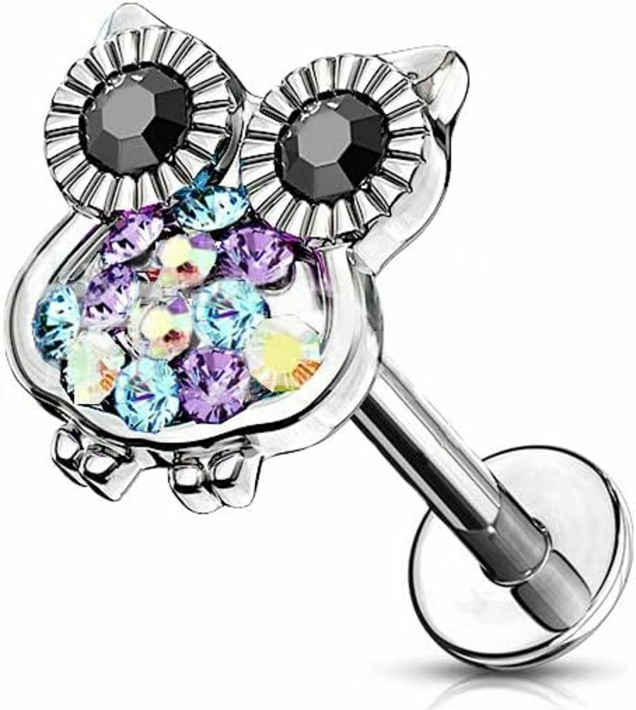 Izpack Body Piercing Studs | Cute Owl Labret Monroe Stud For Women Girls Men Uni 361L Surgical Stainless Steel Cubic Zirconia Colorful Crystal Bird Animal Cartilage Tragus Nose Helix Studs Earrings Hypoallergenic Body