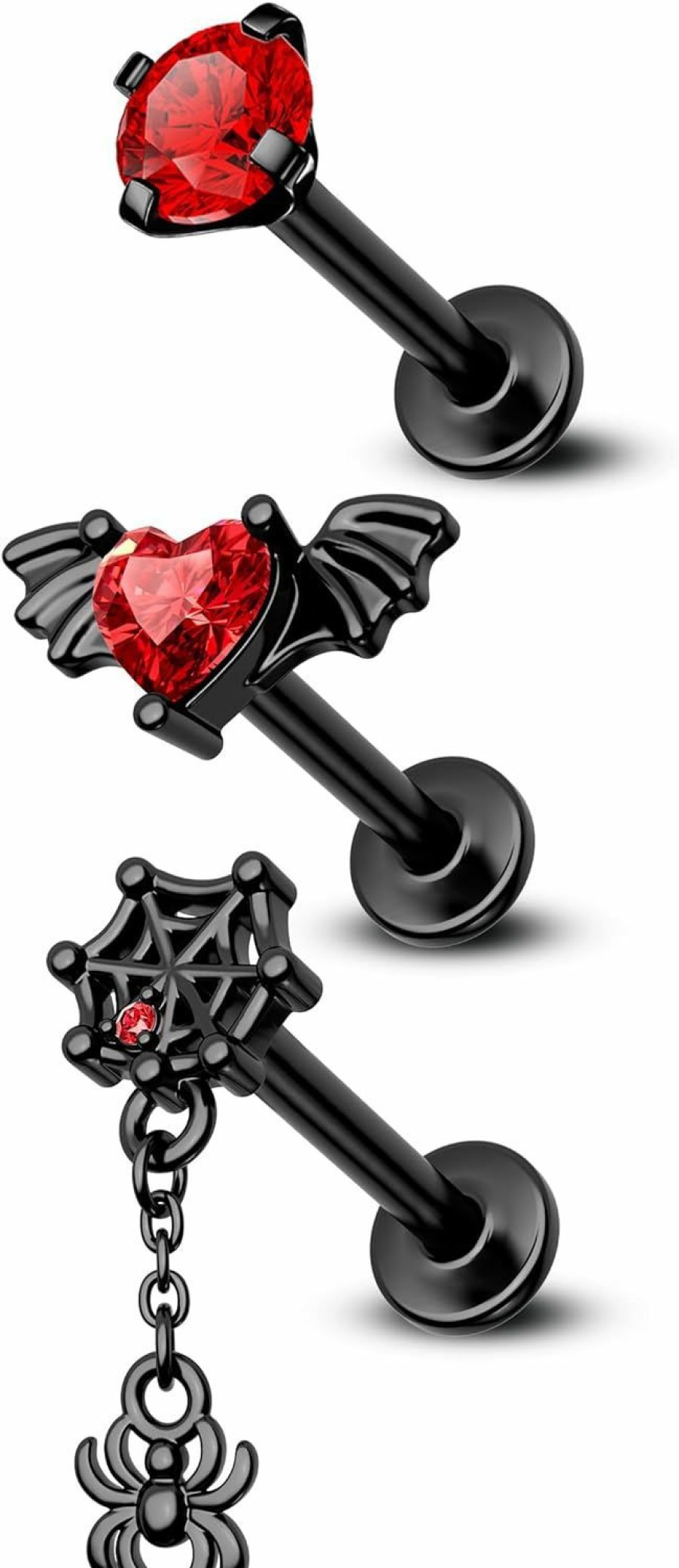 COCHARM Body Piercing Studs | Cocharm 3Pcs Black Red Halloween Cartilage Stud Earrings Flat Back 16G Dangling Spider Web Helix Cartilage Piercing Jewelry Internally Threaded 16G 8Mm Stainless Steel Ear Stud