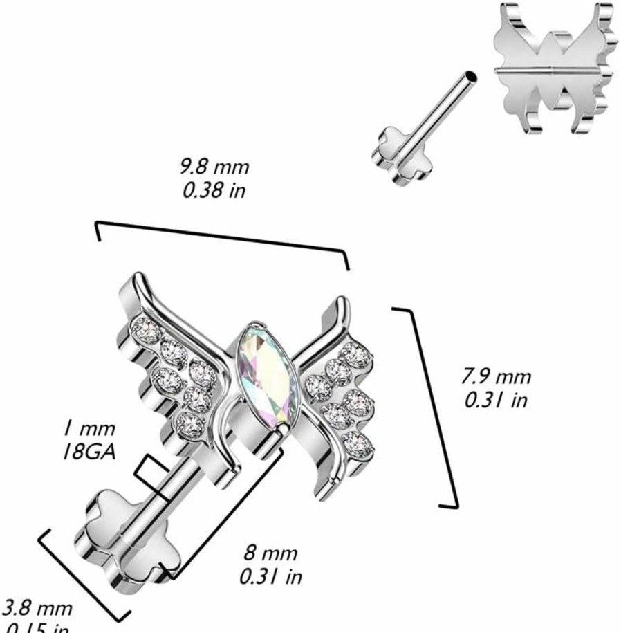 Pierced Owl Body Piercing Studs | Pierced Owl 18Ga F136 Implant Grade Titanium Cz Crystal Butterfly Threadless Push-In Flower Base Labret Stud