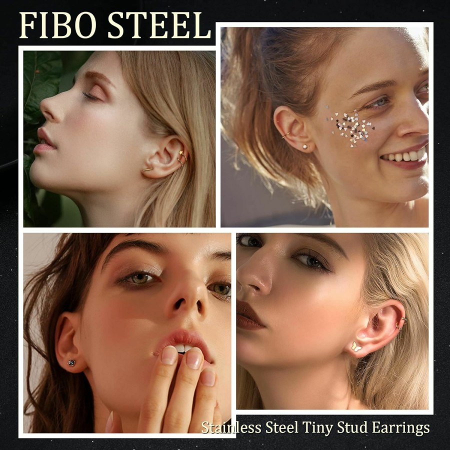 FIBO STEEL Body Piercing Studs | Fibo Steel 20G Surgical Steel Stud Earrings For Women Multipack Cartilage Studs Hoops Earrings Cz Flower Butterfly Heart Flat Back Earrings Helix Conch Ear Piercings Gold-Tone