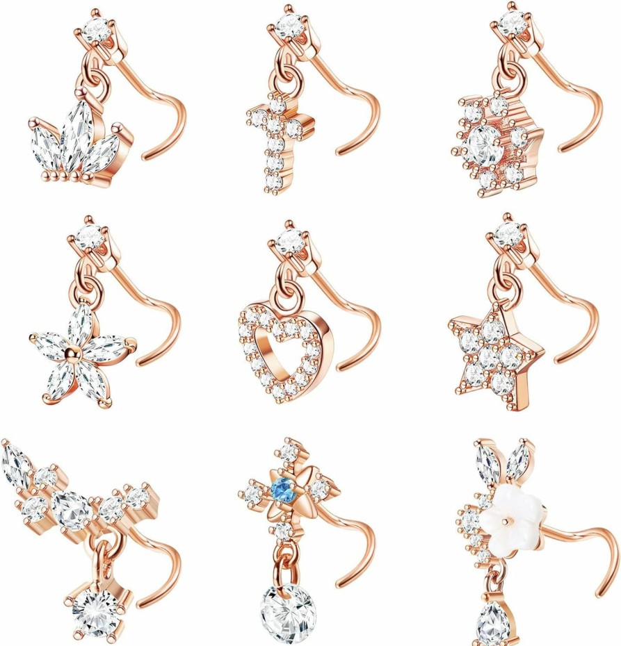 ORAZIO Body Piercing Studs | Orazio 9 Pcs Dangle Nose Rings L Shaped For Women 20G Stainless Steel Nose Rings Studs Cz Cross Crown Flower Heart Dangling Nose Rings Piercing Jewelry