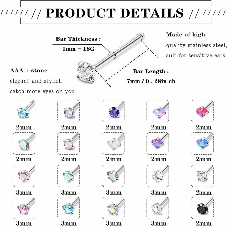 FINREZIO Body Piercing Studs | Finrezio 22Pcs 18G 20G Nose Rings Studs For Women Men Hypoallergenic Nose Rings Surgical Steel Nose Stud L Shaped Screw Studs Rings Cz Heart Star Nose Piercing Jewelry