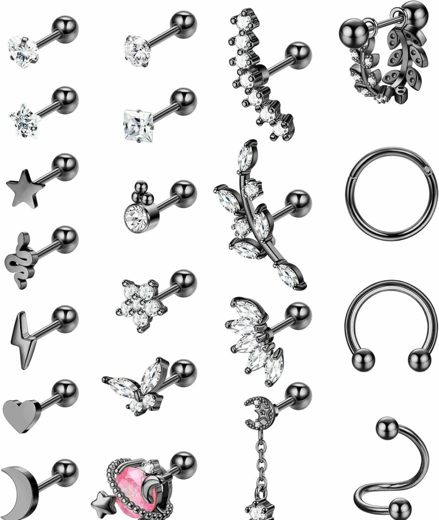 Drperfect Body Piercing Studs | Drperfect Cartilage Earring Set For Women 20G 16G Stainless Steel Cz Butterfly Flower Snake Heart Star Moon Lightning Stud Hinged Hoop Earrings Spiral Horseshoe Curved Dangle Cartilage Helix Tragus Conch Piercing Jewelry