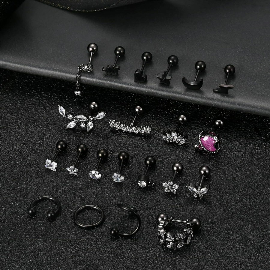 Drperfect Body Piercing Studs | Drperfect Cartilage Earring Set For Women 20G 16G Stainless Steel Cz Butterfly Flower Snake Heart Star Moon Lightning Stud Hinged Hoop Earrings Spiral Horseshoe Curved Dangle Cartilage Helix Tragus Conch Piercing Jewelry