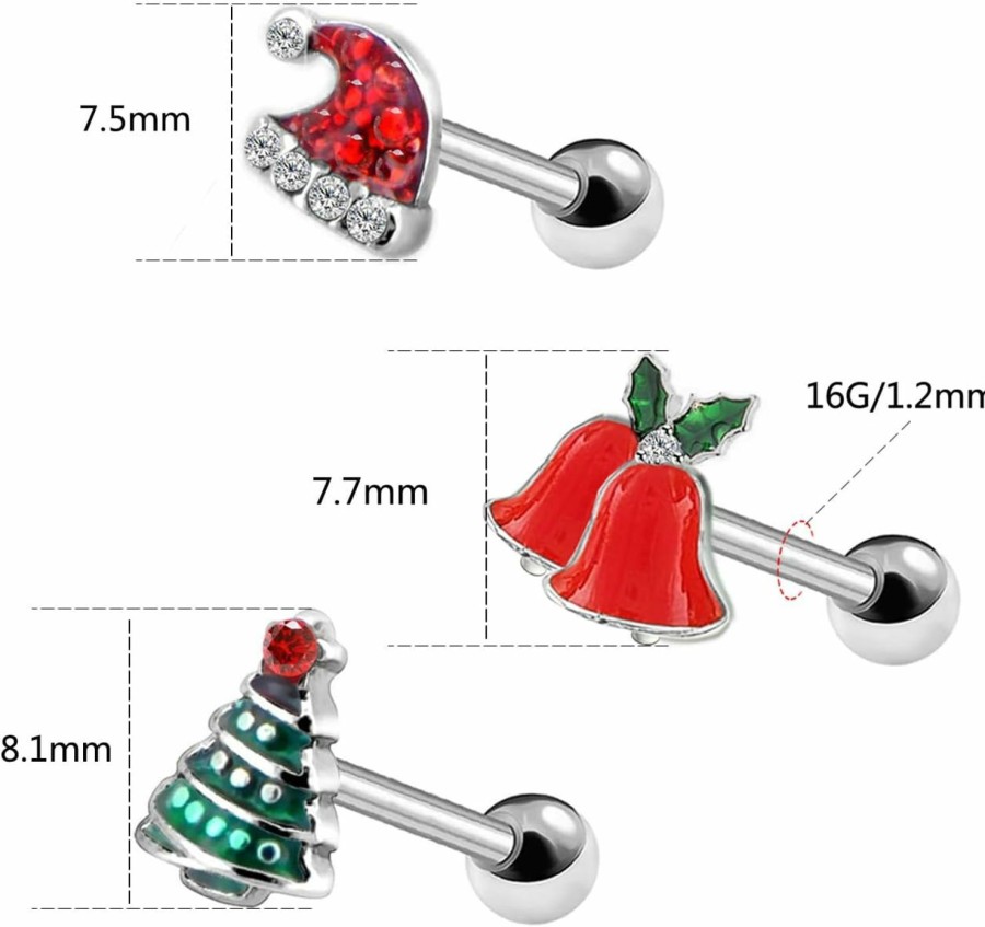 CHARMONLINE Body Piercing Studs | Charmonline Christmas Cartilage Earring Cz Tragus Earrings 316L Surgical Steel Stud Earring Body Ear Piercing Jewelry Helix Earring For Women Girl