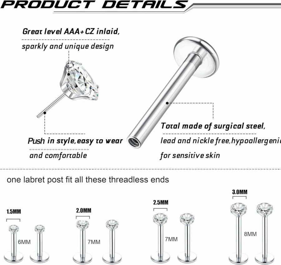 LOLIAS Body Piercing Studs | Lolias Threadless Nose Studs Cz Nose Rings For Women Men 14K Gold Filled 316L Surgical Steel Labret Studs Lip Rings Push In Flat Back Stud Earrings Cz Nose Nostril Tragus Helix Piercing Jewelry Hypoallergenic 20G 18G