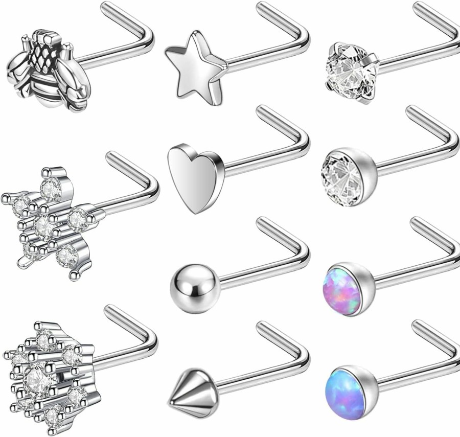 BodyAce Body Piercing Studs | Bodyace 11Pcs 20G Nose Rings Studs For Women, Surgical Steel Nostril Nose Piercing Jewelry, Cz Butterfly L Shaped Nose Studs Screw Ring Snowflake Star Top