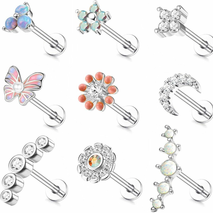 Florideco Body Piercing Studs | Florideco 9Pcs 16G Cartilage Earrings For Women Stainless Steel Top Screw Flat Back Earrings Butterfly Moon Opal Cz Cartilage Stud Earrings Helix Tragus Conch Labret Monroe Medusa Lip Piercing Jewelry