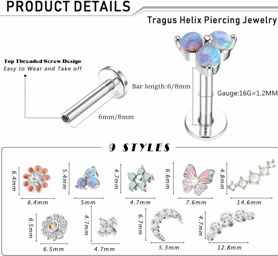 Florideco Body Piercing Studs | Florideco 9Pcs 16G Cartilage Earrings For Women Stainless Steel Top Screw Flat Back Earrings Butterfly Moon Opal Cz Cartilage Stud Earrings Helix Tragus Conch Labret Monroe Medusa Lip Piercing Jewelry