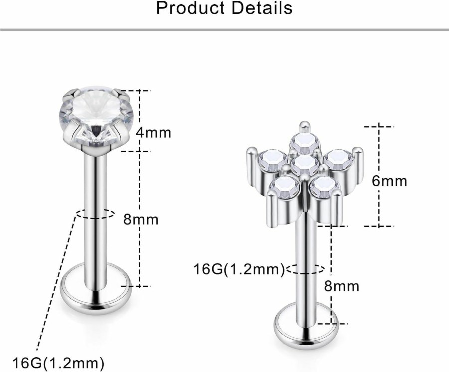 Lcolyoli Body Piercing Studs | Lcolyoli Flower Crystal Cartilage Earring Stud For Women Internally Threaded Stainless Steel 16G Helix Conch Tragus Piercing Jewelry Set