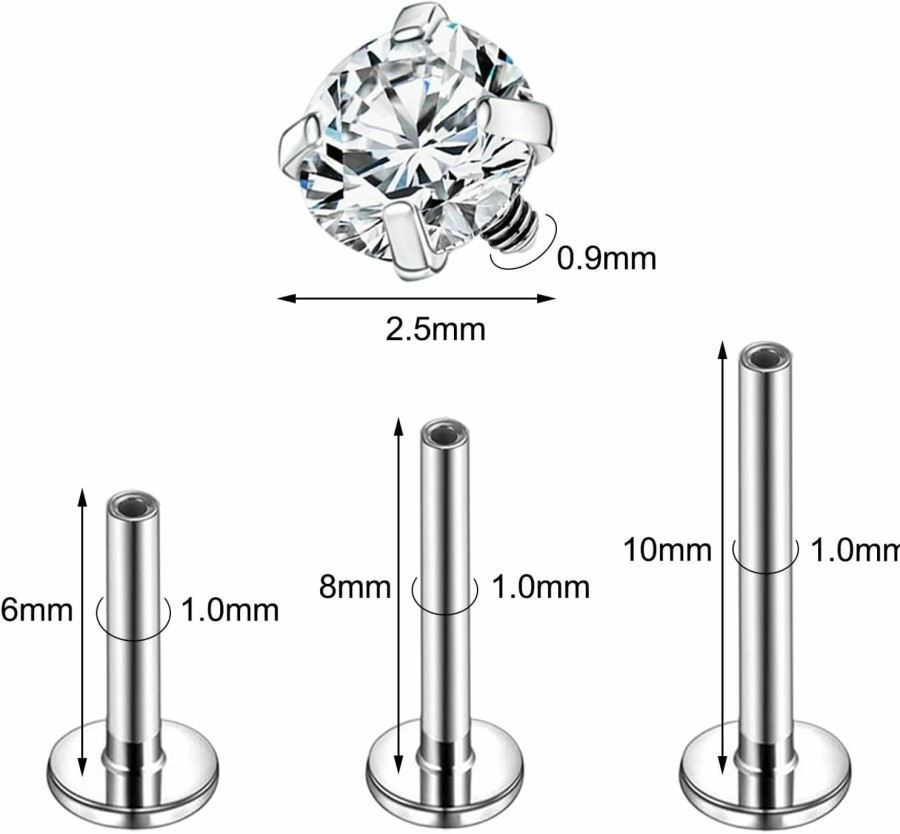 AccGin Body Piercing Studs | Accgin Astm F136 Titanium 16G/18G/20G Labret Studs Internally Threaded Tragus Conch Helix Piercing Jewelry Flat Back Monroe Lip Cartilage Stud Earring, Hypoallergenic Body Jewelry