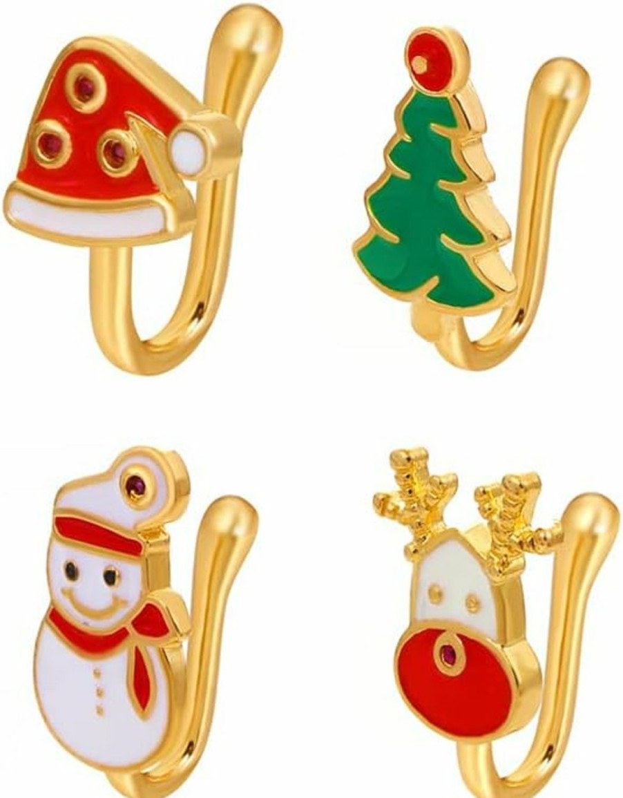 BELUCKIN Body Piercing Studs | Beluckin 4Pcs Christmas Nose Rings For Women Christmas Tree Deer Snowman Nose Studs Pack Cute Nose Bone Nostril Piercing Jewelry Xmas Holiday Accessories