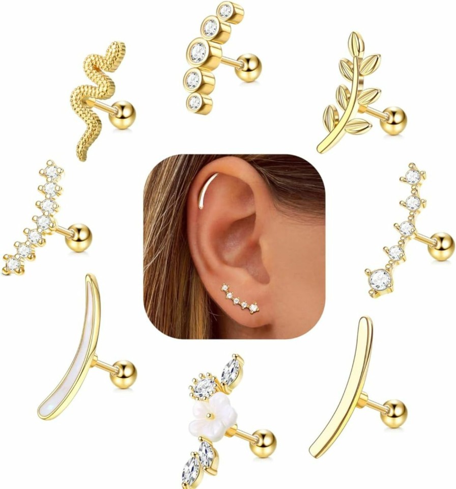 FIBO STEEL Body Piercing Studs | Fibo Steel 8 Pcs Helix Piercing Jewelry Cartilage Earrings For Women Opal Cz Conch Earrings Labret Jewelry Flower Snake Leaf Daith Piercing Jewelry Set