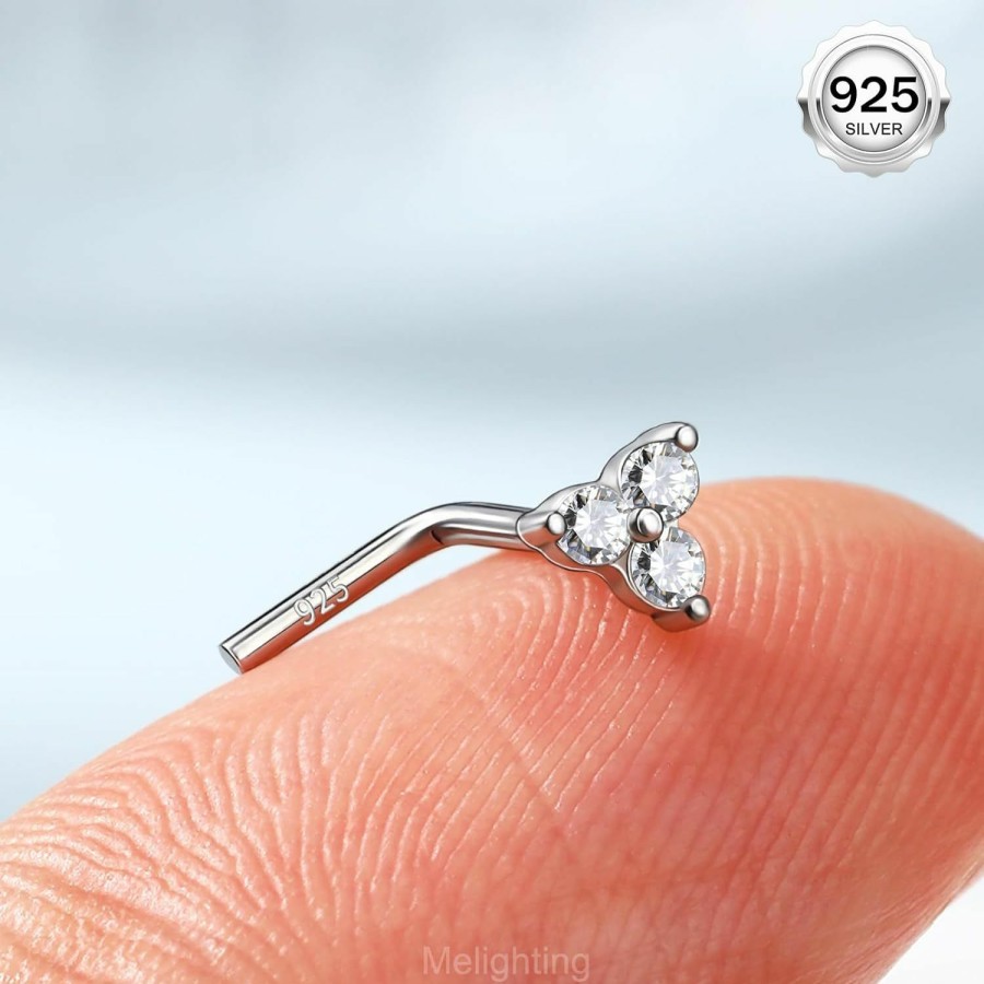 Melighting Body Piercing Studs | Meiighting 925 Sterling Silver Nose Stud L Shaped Nose Ring 20G Solid Silver Nose Piercing Jewelry Clear Cz For Women Men Nostril Piercing