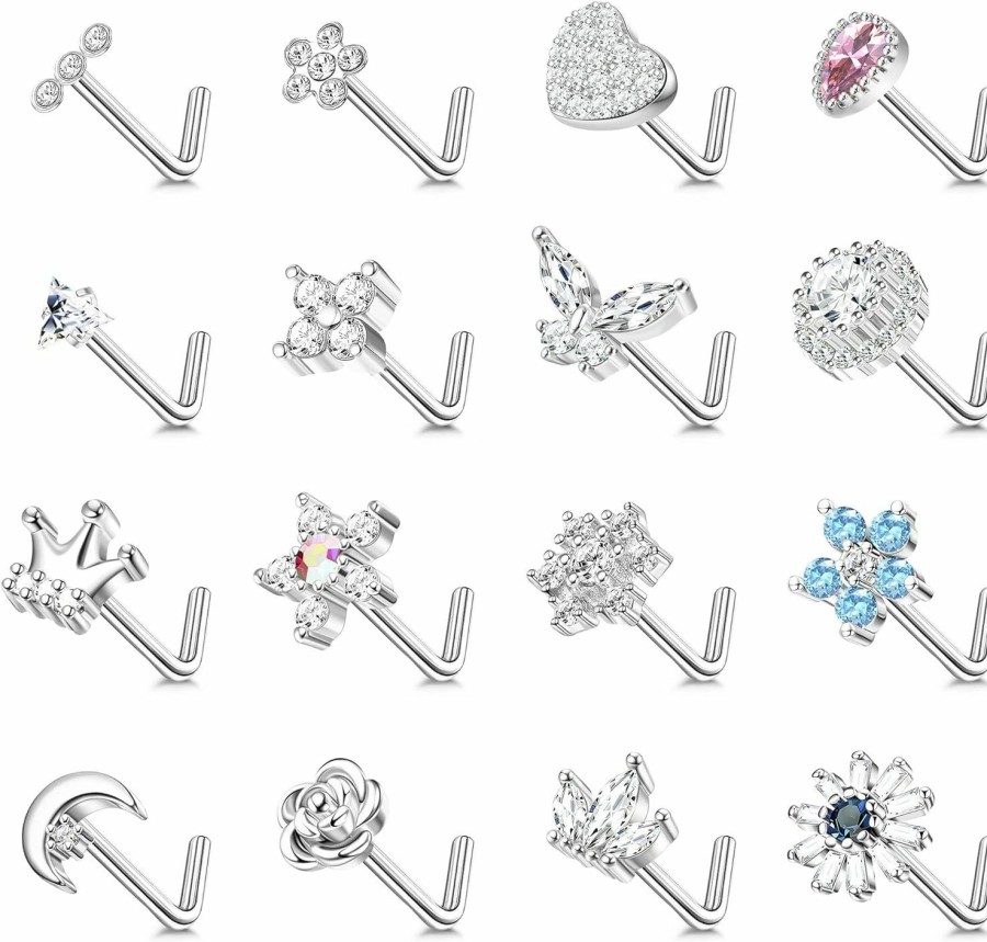 Florideco Body Piercing Studs | Florideco 16Pcs 20G Nose Stud Rings L Shape Nose Studs Stainless Steel Cubic Zirconia Butterfly Flower Crown Shape Nose Studs Piercing Jewelry For Women Men