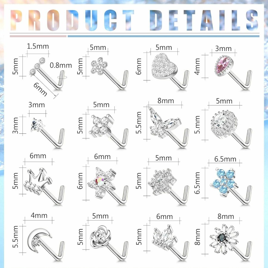 Florideco Body Piercing Studs | Florideco 16Pcs 20G Nose Stud Rings L Shape Nose Studs Stainless Steel Cubic Zirconia Butterfly Flower Crown Shape Nose Studs Piercing Jewelry For Women Men