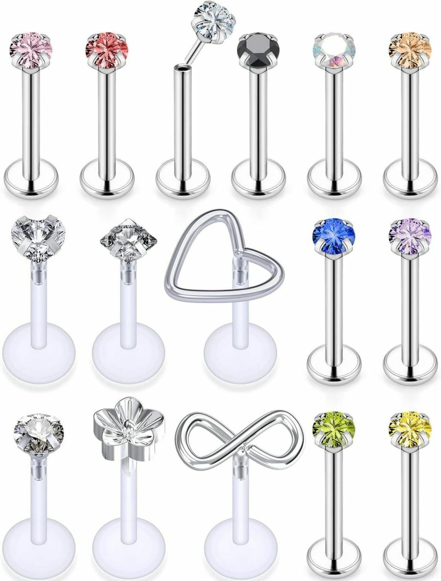 Xnsjeyy Body Piercing Studs | Xnsjeyy 16G Threadless Push In Lip Rings For Women Lip Studs Labret Jewelry Monroe Lip Rings Medusa Piercing Jewelry Tragus Rook Helix Cartilage Forward Earring Piercing Jewelry For Women Silver 16Pcs