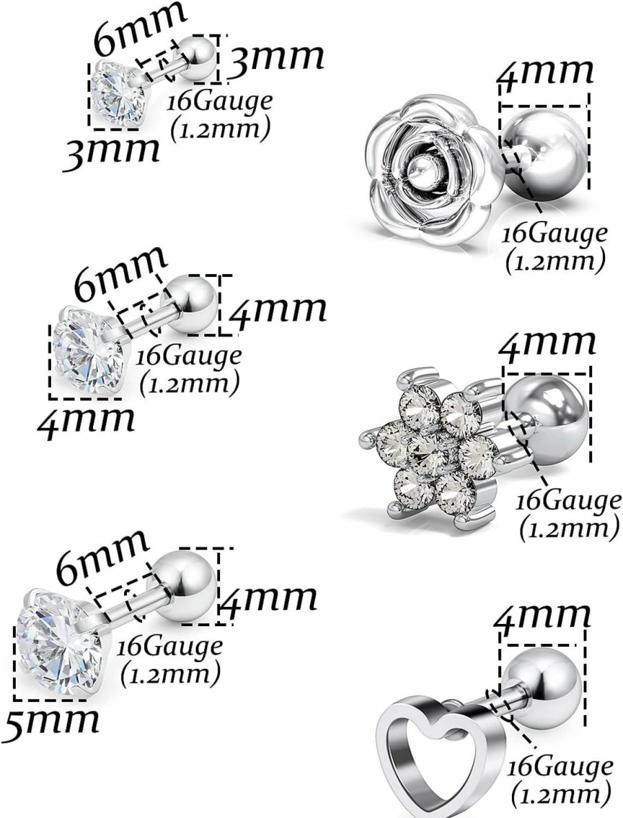 Vsnnsns Body Piercing Studs | Vsnnsns 16G Cartilage Earrings Tragus Earrings Studs For Women Stainless Steel Cubic Zirconia Stud Earrings Forward Helix Earrings Piercing Jewelry For Women 12Pcs