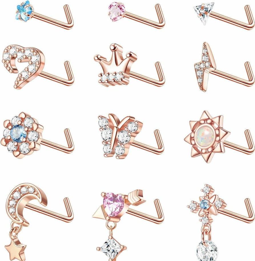 THUNARAZ Body Piercing Studs | Thunaraz 20G Dangle Nose Rings For Women Stainless Steel Nose Rings L-Shaped Cute Flower Butterfly Nose Studs Sparkled Opal Cz Inlaid Nose Piercing Jewelry 12Pcs