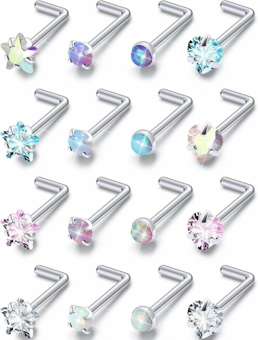 Boernfnso Body Piercing Studs | Boernfnso 20G Nose Rings Stud Surgical Steel Nose Piercing Jewelry For Women Men Opal Cz Stars Heart Shape Nose Ring 6.5Mm~7Mm Bar Length,Top Balls 2Mm-4Mm 16Pcs Pink Blue Purple White Nose Ring