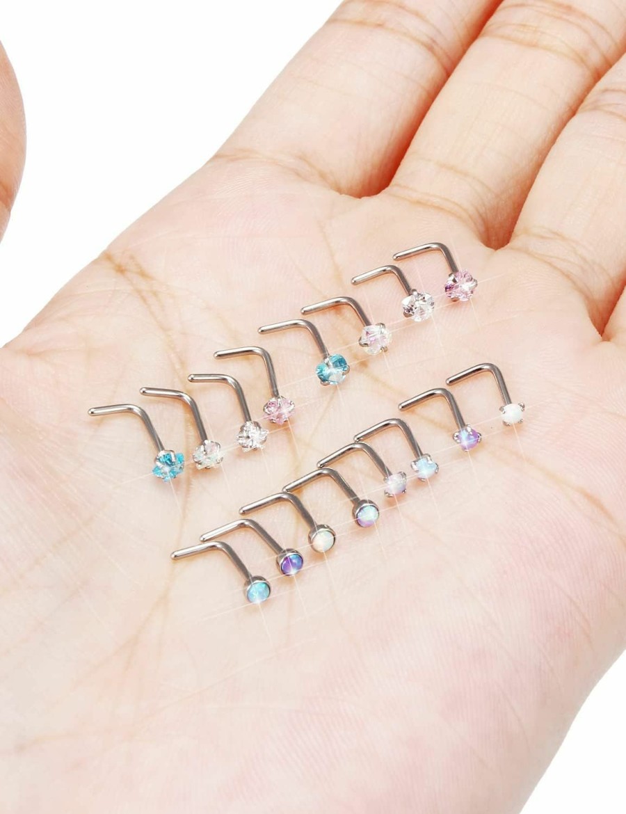 Boernfnso Body Piercing Studs | Boernfnso 20G Nose Rings Stud Surgical Steel Nose Piercing Jewelry For Women Men Opal Cz Stars Heart Shape Nose Ring 6.5Mm~7Mm Bar Length,Top Balls 2Mm-4Mm 16Pcs Pink Blue Purple White Nose Ring