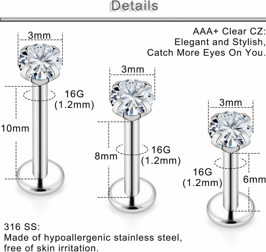 Yaalozei Body Piercing Studs | Yaalozei 16G Stainless Steel Helix Cartilage Tragus Earring Studs Internal Threaded Labret Lip Monroe Ring Barbell Body Piercing Jewelry For Women Girls 6Mm 8Mm 18 Pcs-20Pcs