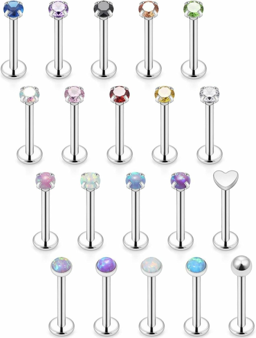 Xnsjeyy Body Piercing Studs | Xnsjeyy 16G Lip Rings For Women Stainless Surgical Steel Labret Jewelry Monroe Lip Ring Medusa Piercing Jewelry Tragus Helix Cartilage Forward Earring Piercing Jewelry For Women Cz Opal Silver 20Pcs